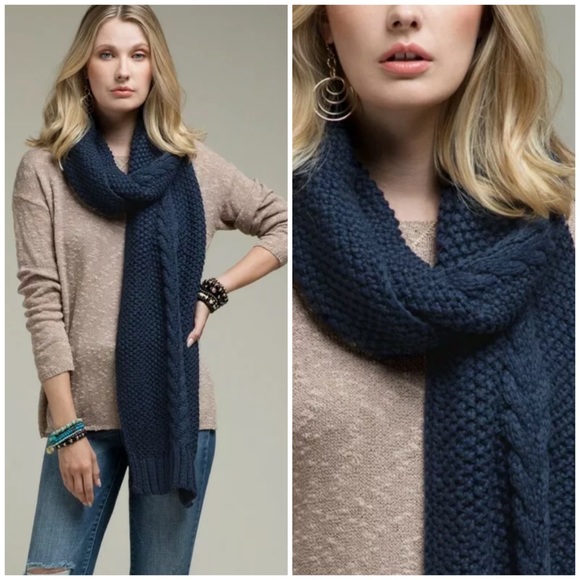 Accessories - SOLD OUT Navy Plush Knit Chunky Cable Oblong Winter Scarf
